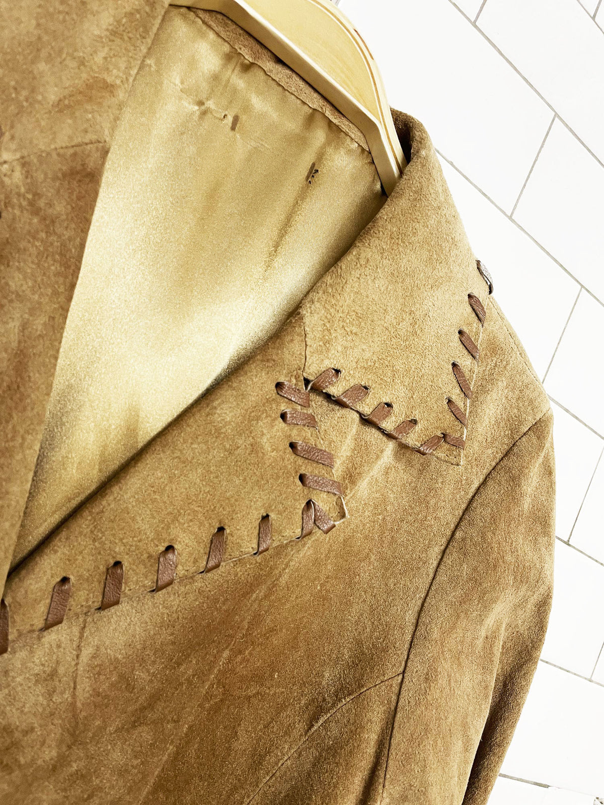 vintage lamb suede boho southwestern whip stitch full button duster jacket