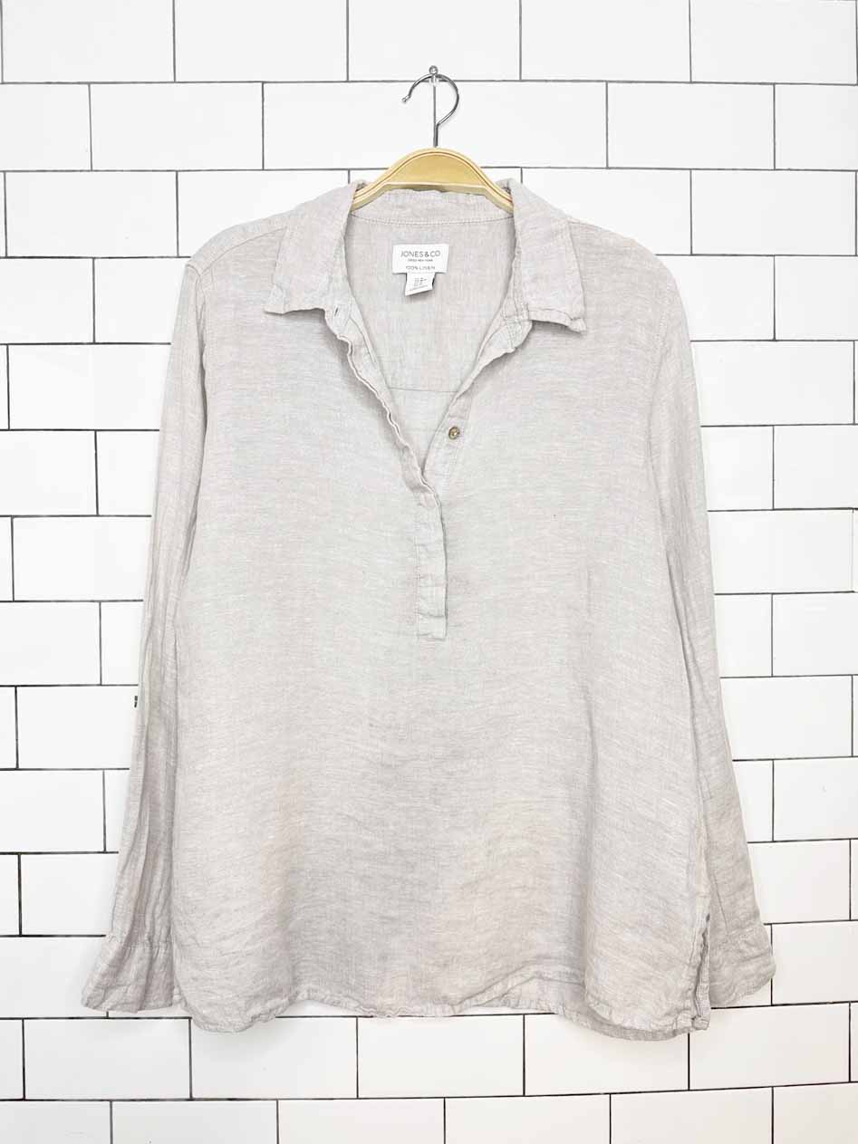 jones new york 100% linen 1/2 button popover shirt