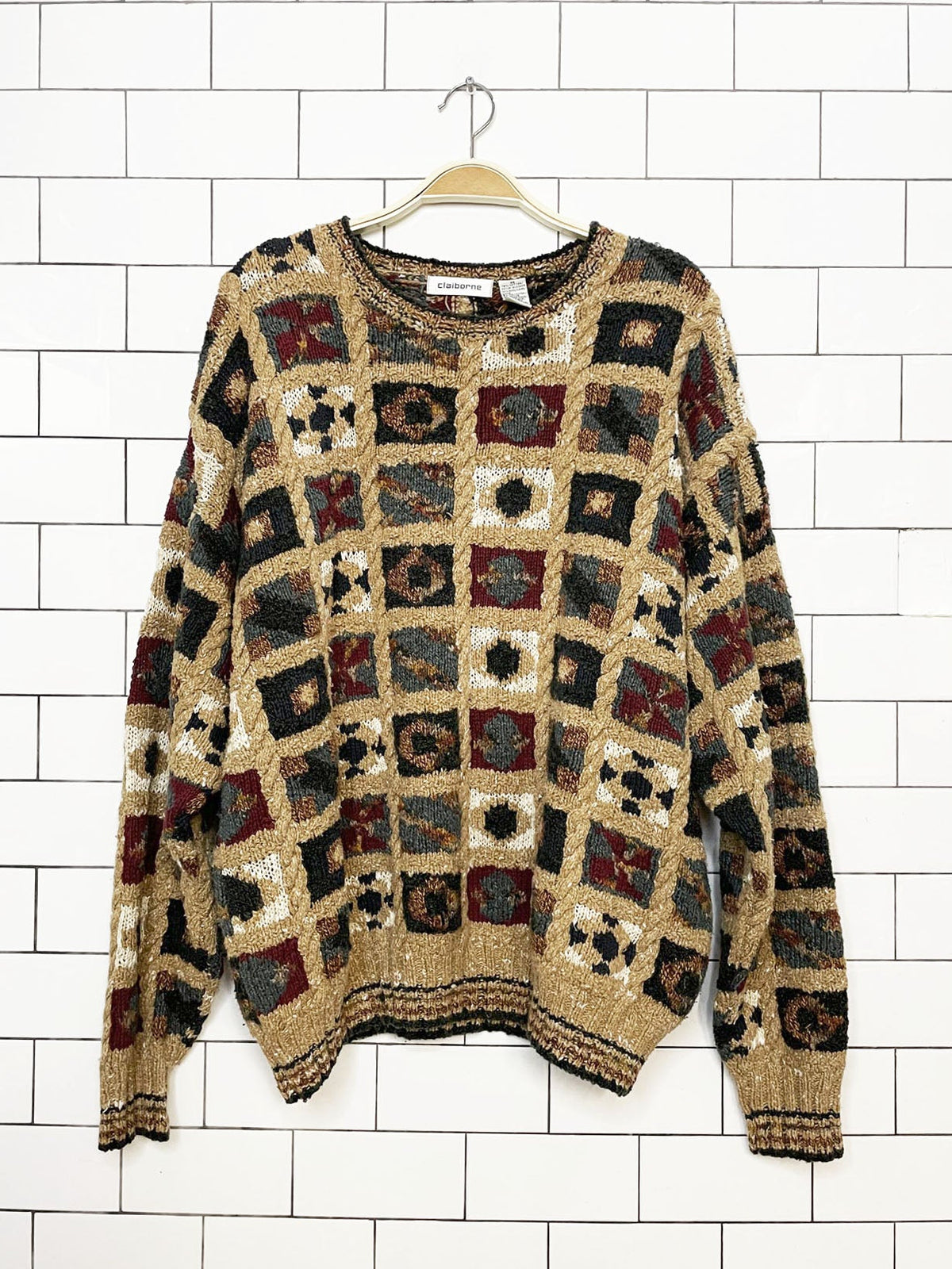 vintage claiborne wool-blend patchwork heavy knit sweater | liz