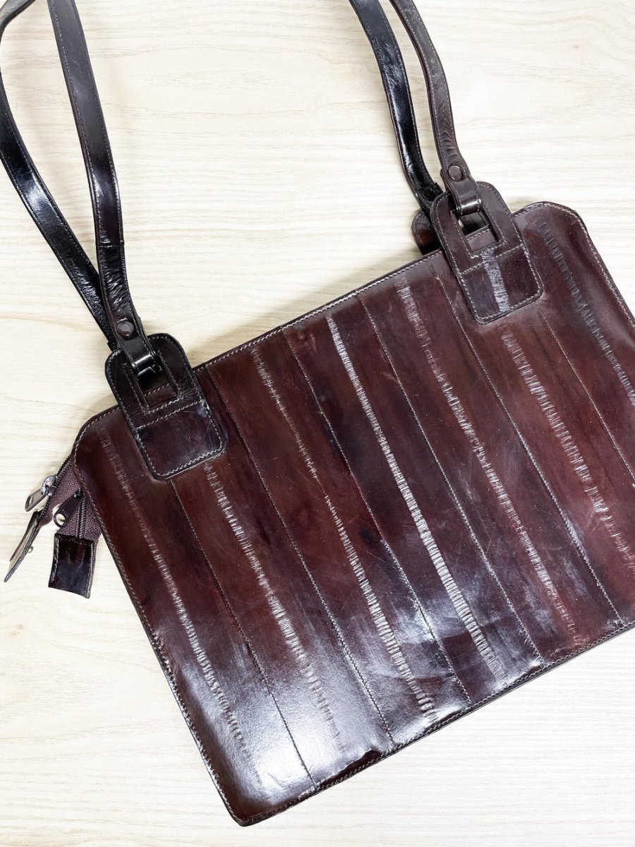 vintage 80s eelskin leather shoulder tote | suede lining| laptop ipad bag - good market thrift store