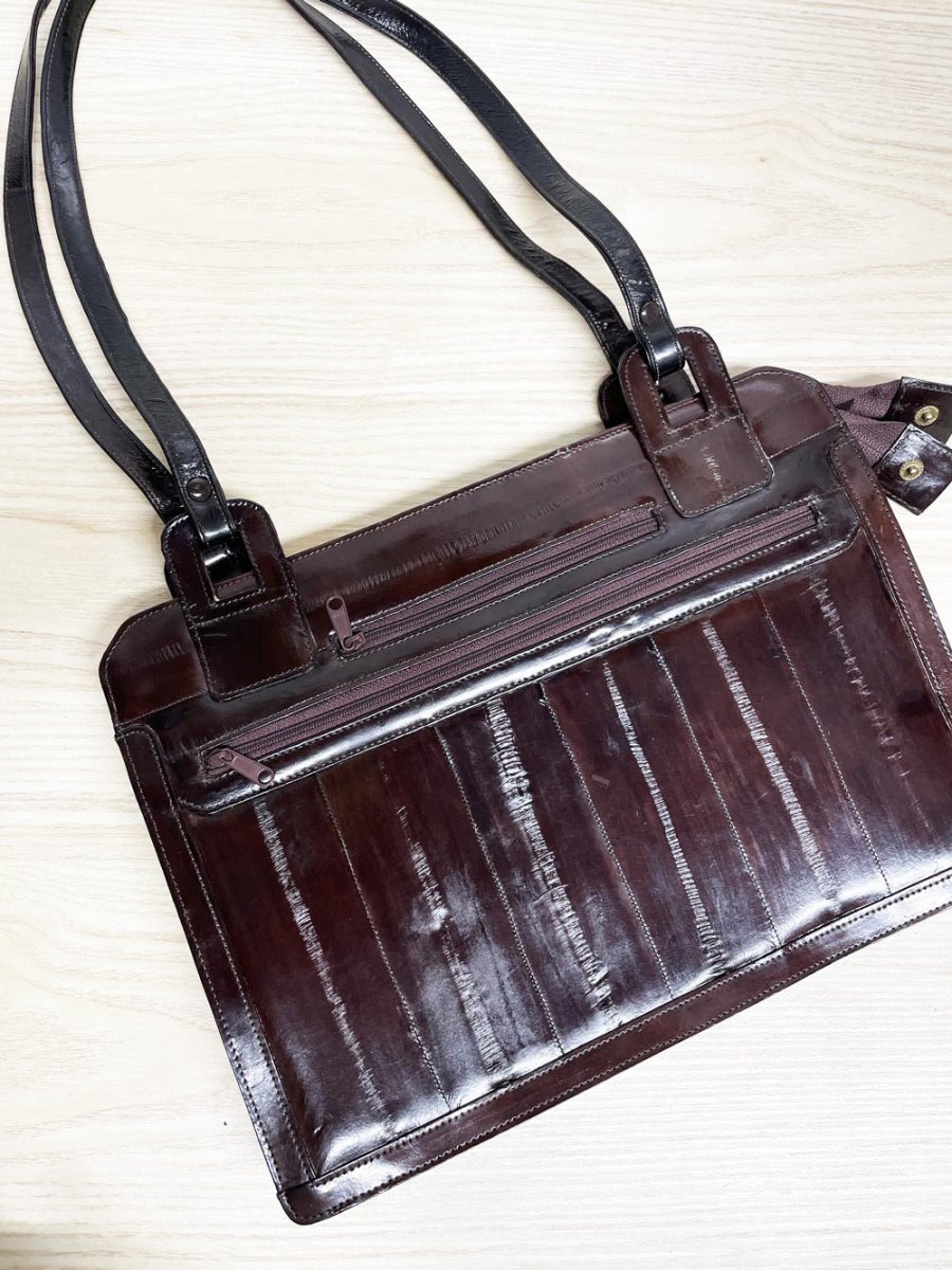 vintage 80s eelskin leather shoulder tote | suede lining| laptop ipad bag - good market thrift store