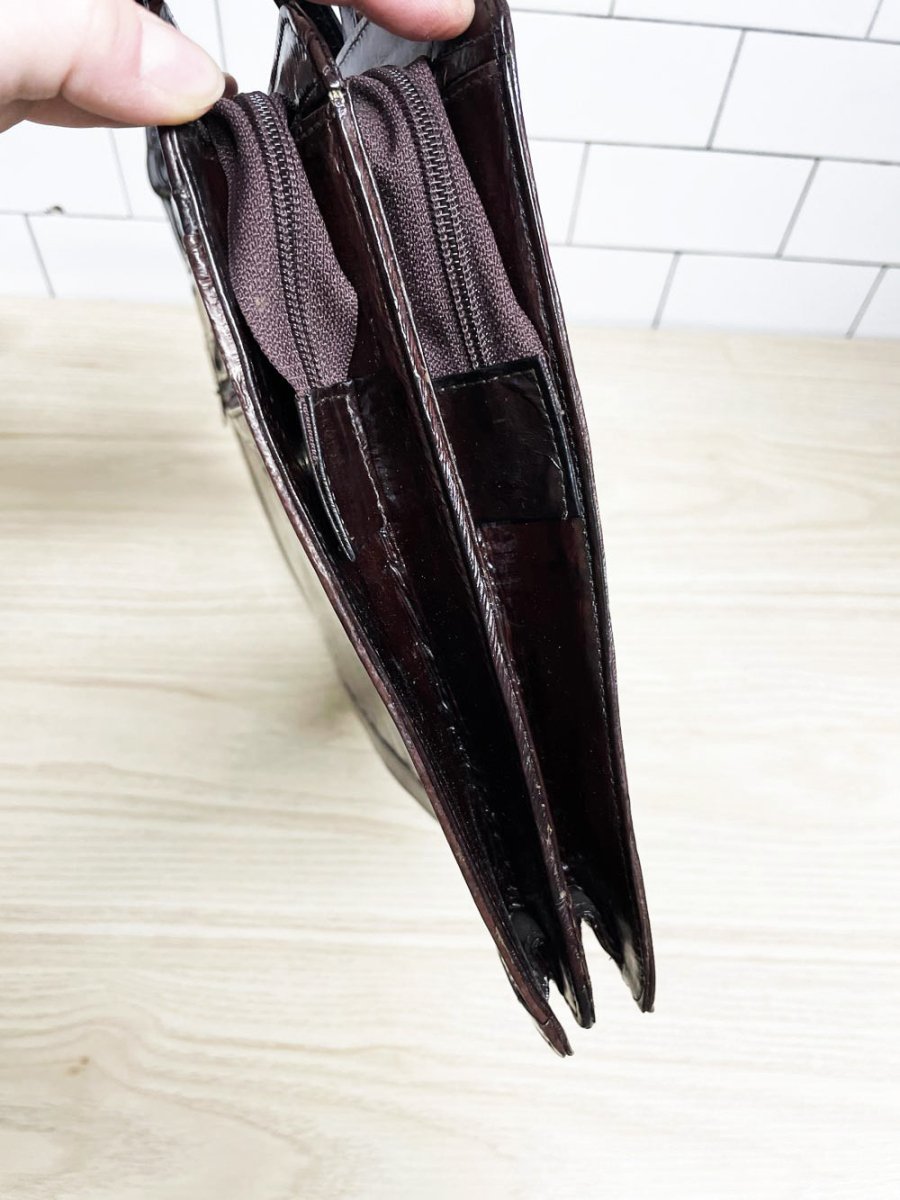 vintage 80s eelskin leather shoulder tote | suede lining| laptop ipad bag - good market thrift store