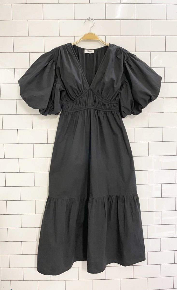 japna shirred waist puff sleeve midi dress - good market thrift store