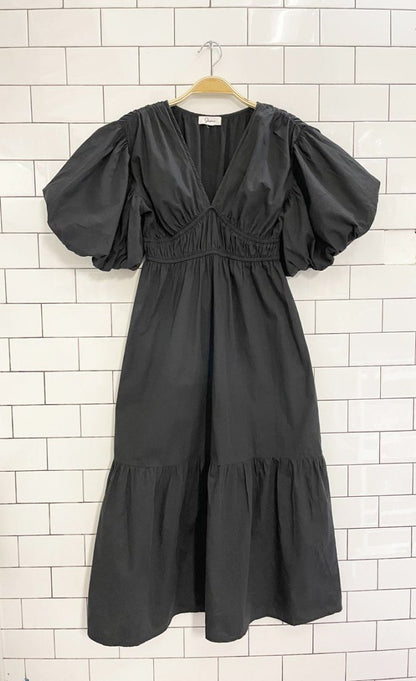 japna shirred waist puff sleeve midi dress - good market thrift store
