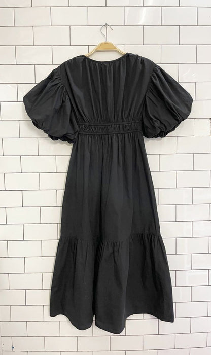 japna shirred waist puff sleeve midi dress - good market thrift store
