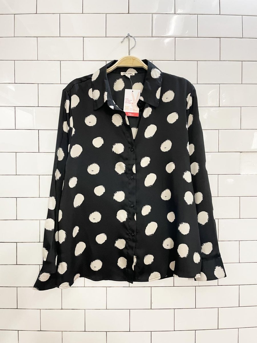 ultra pink polka dot satin blouse - good market thrift store