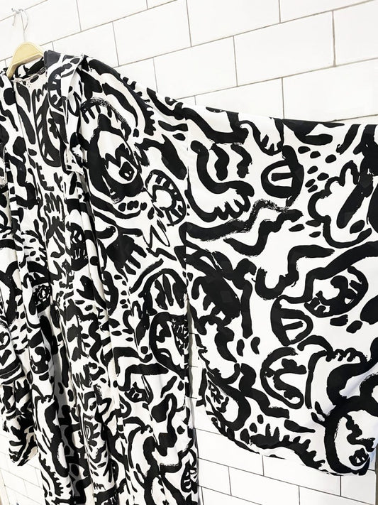 abstract paintbrush art oversized hooded kimono - style belted robe - good market thrift store