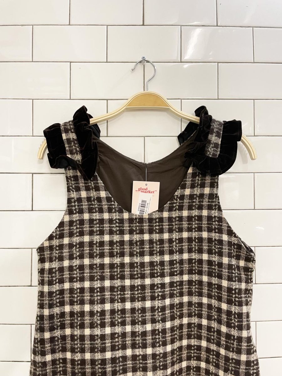 k. woven jumper dress with velvet ruffle shoulder - good market thrift store