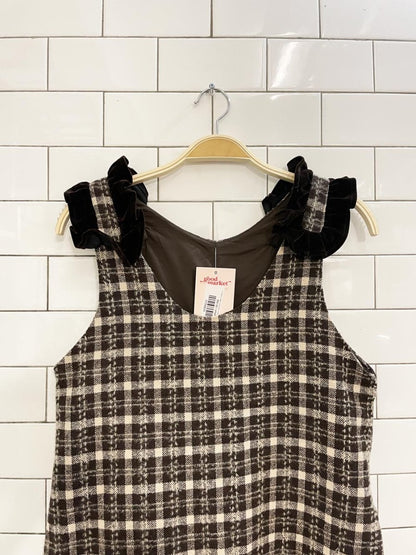 k. woven jumper dress with velvet ruffle shoulder - good market thrift store