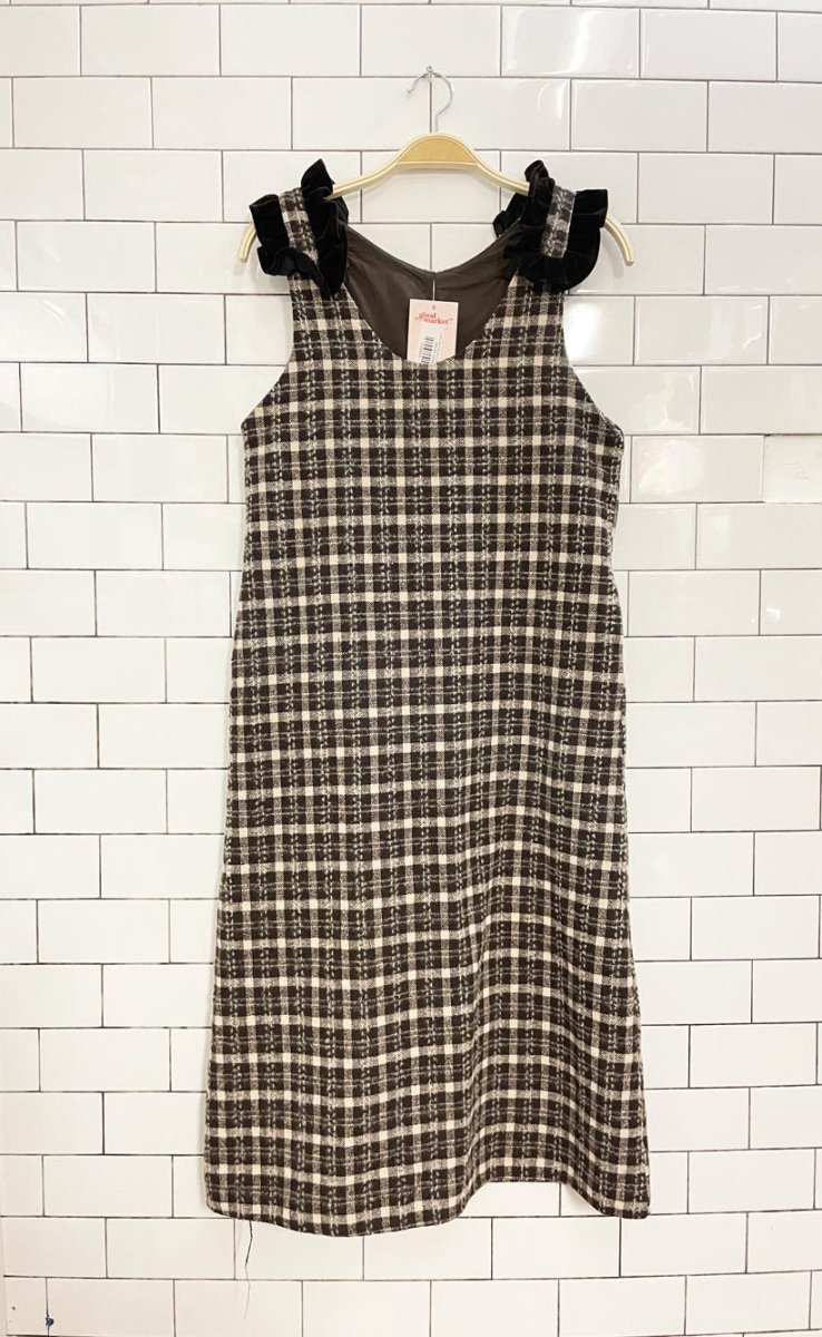 k. woven jumper dress with velvet ruffle shoulder - good market thrift store