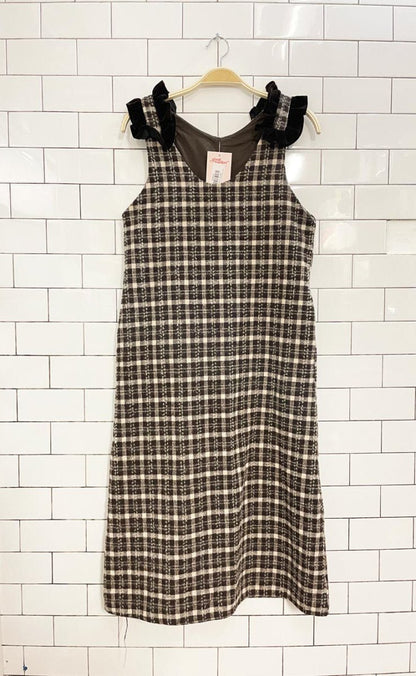 k. woven jumper dress with velvet ruffle shoulder - good market thrift store