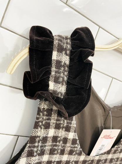 k. woven jumper dress with velvet ruffle shoulder - good market thrift store