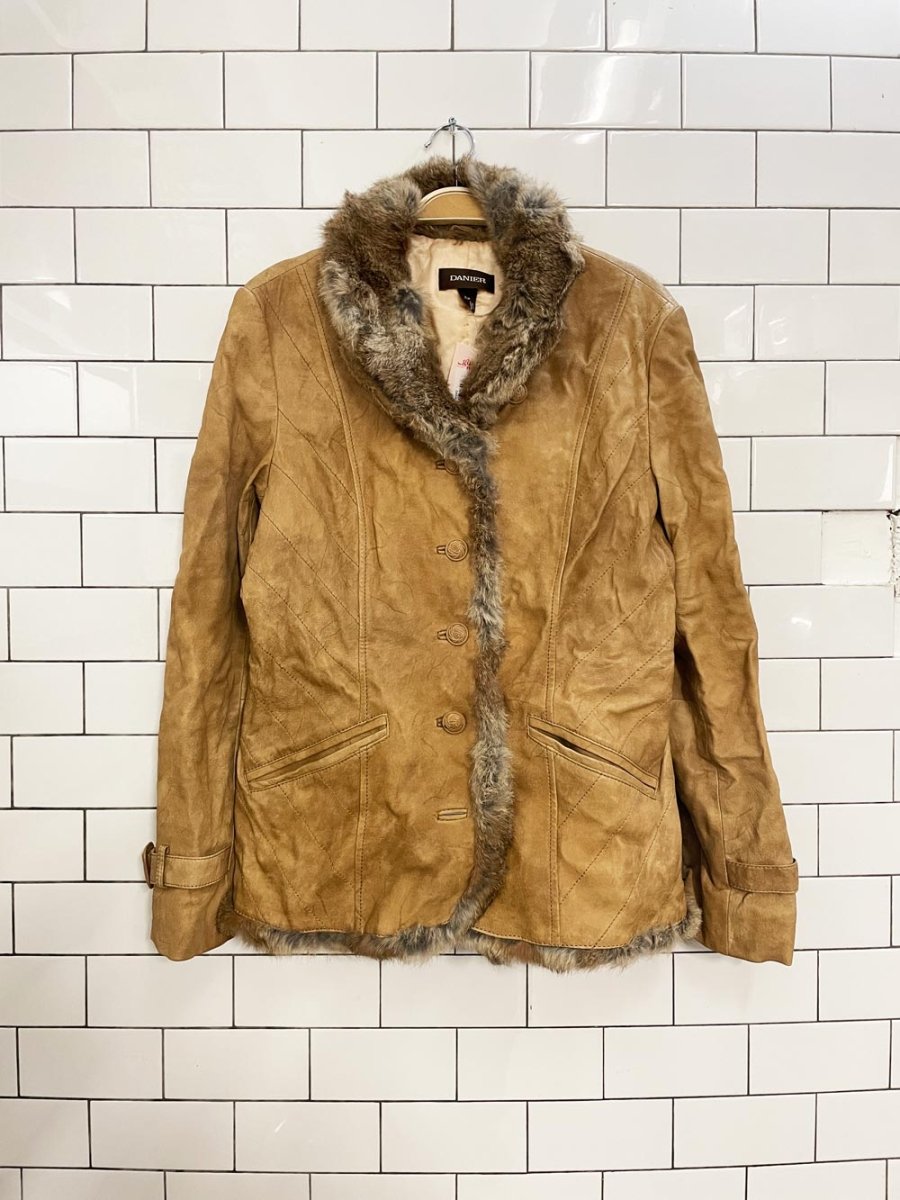 vintage 00s danier rabbit fur trim leather jacket - good market thrift store