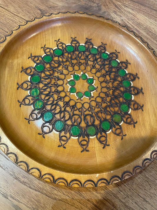 vintage 70s hand-carved wool plate wall hanging