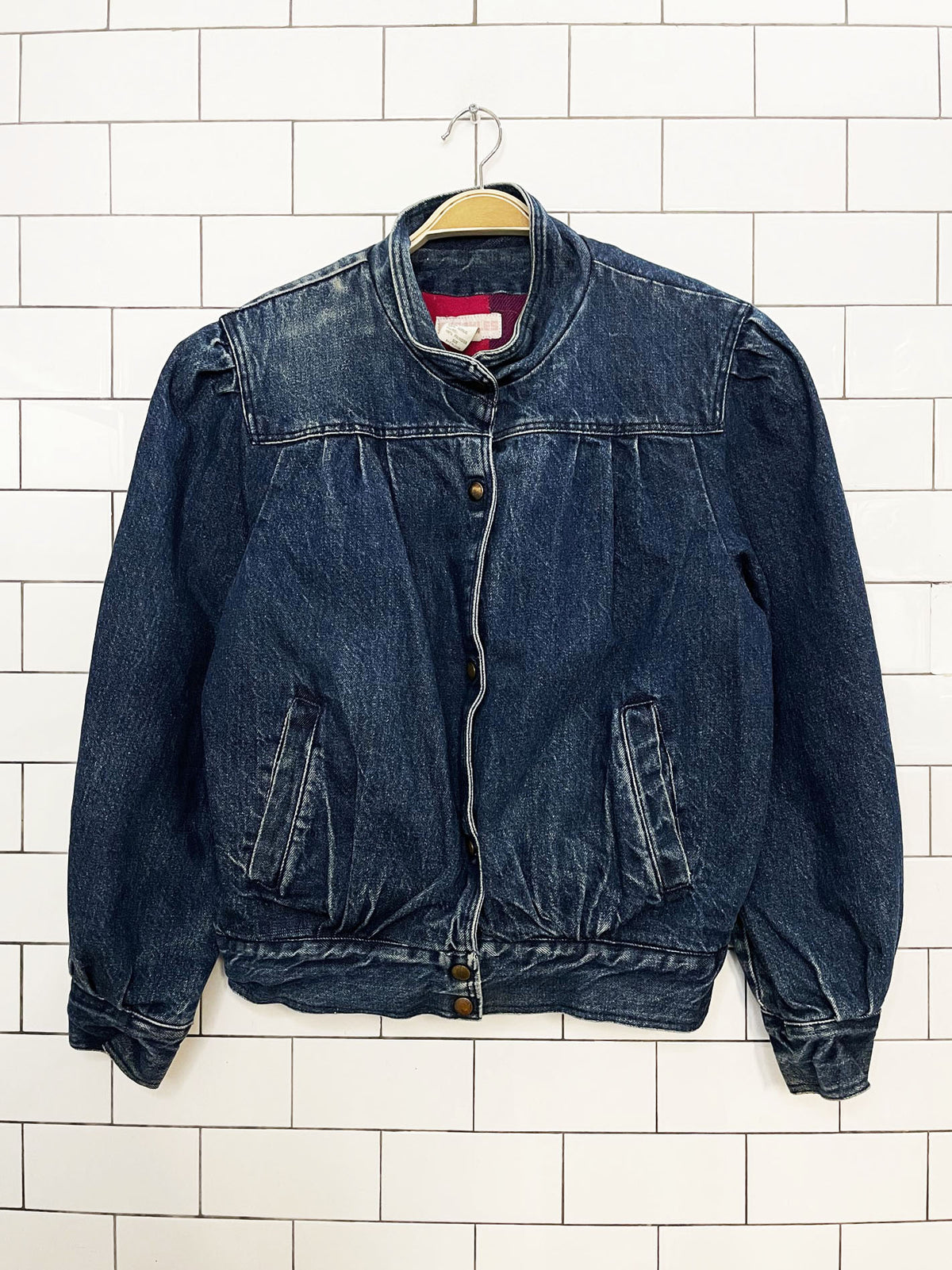 vintage 80s freckles pleated puff sleeve denim snap button jacket