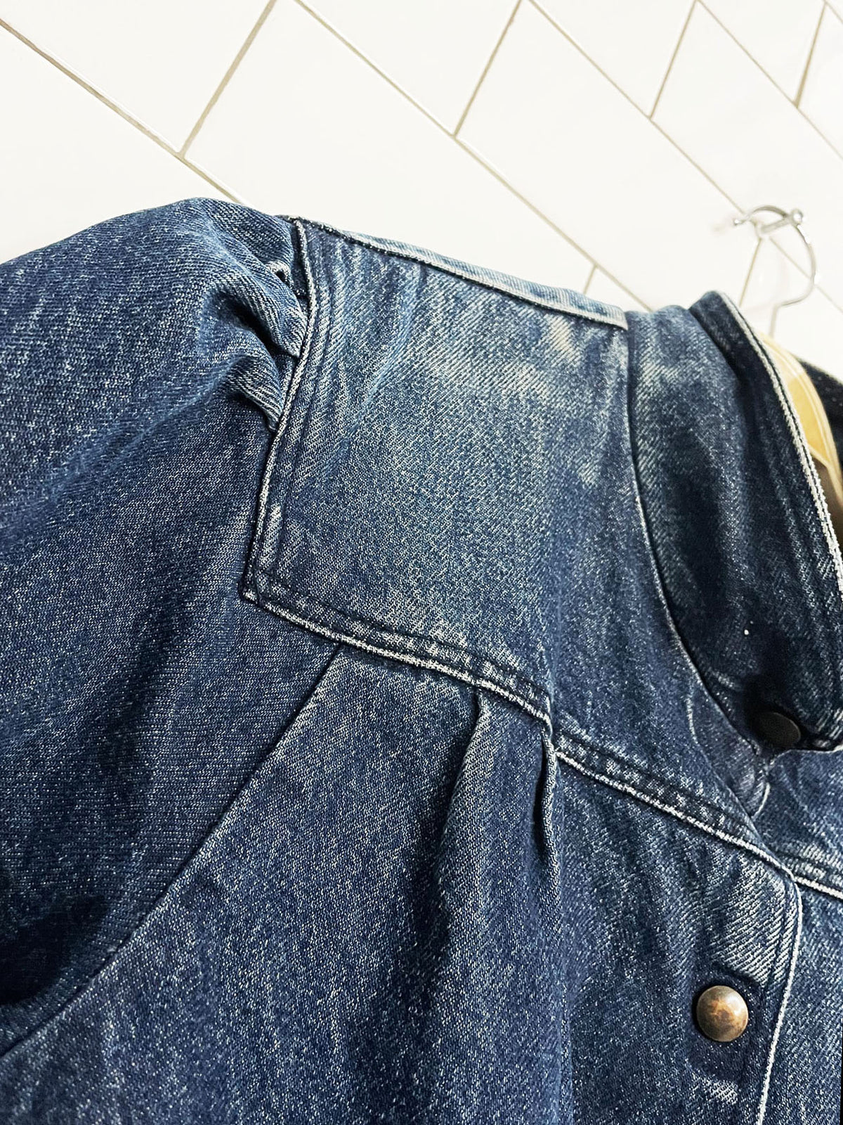 vintage 80s freckles pleated puff sleeve denim snap button jacket