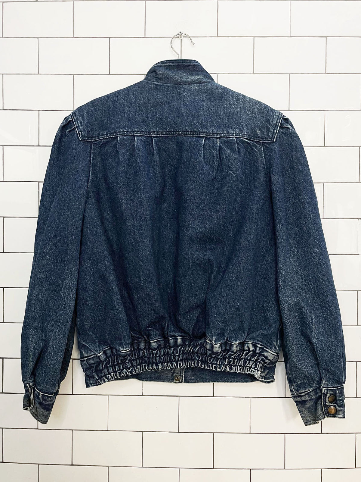 vintage 80s freckles pleated puff sleeve denim snap button jacket
