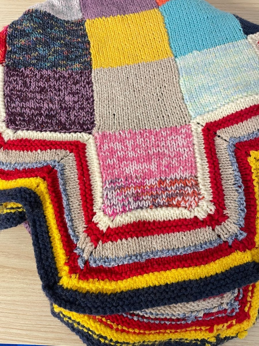 vintage hand - knit patchwork throw quilt - good market thrift store