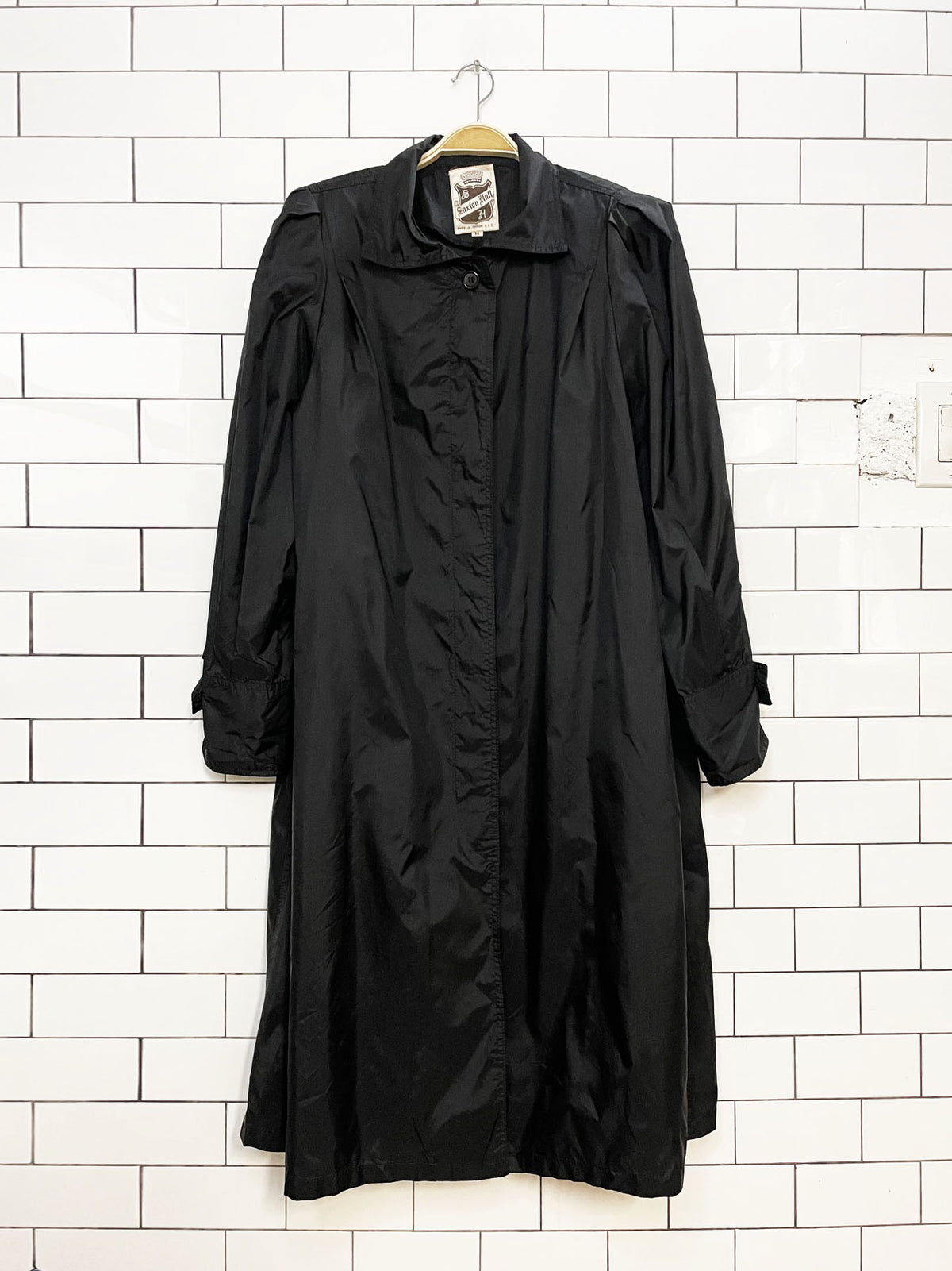 vintage 80s saxton hall puff shoulder belted nylon rain jacket