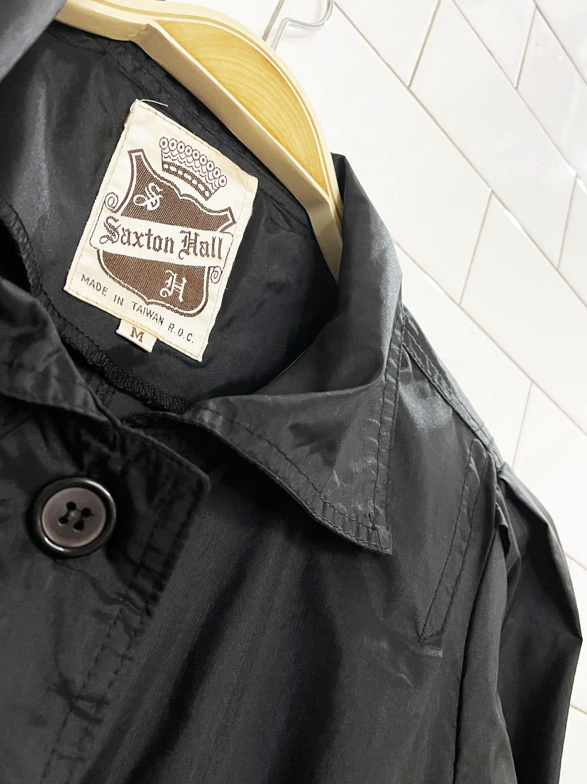 vintage 80s saxton hall puff shoulder belted nylon rain jacket