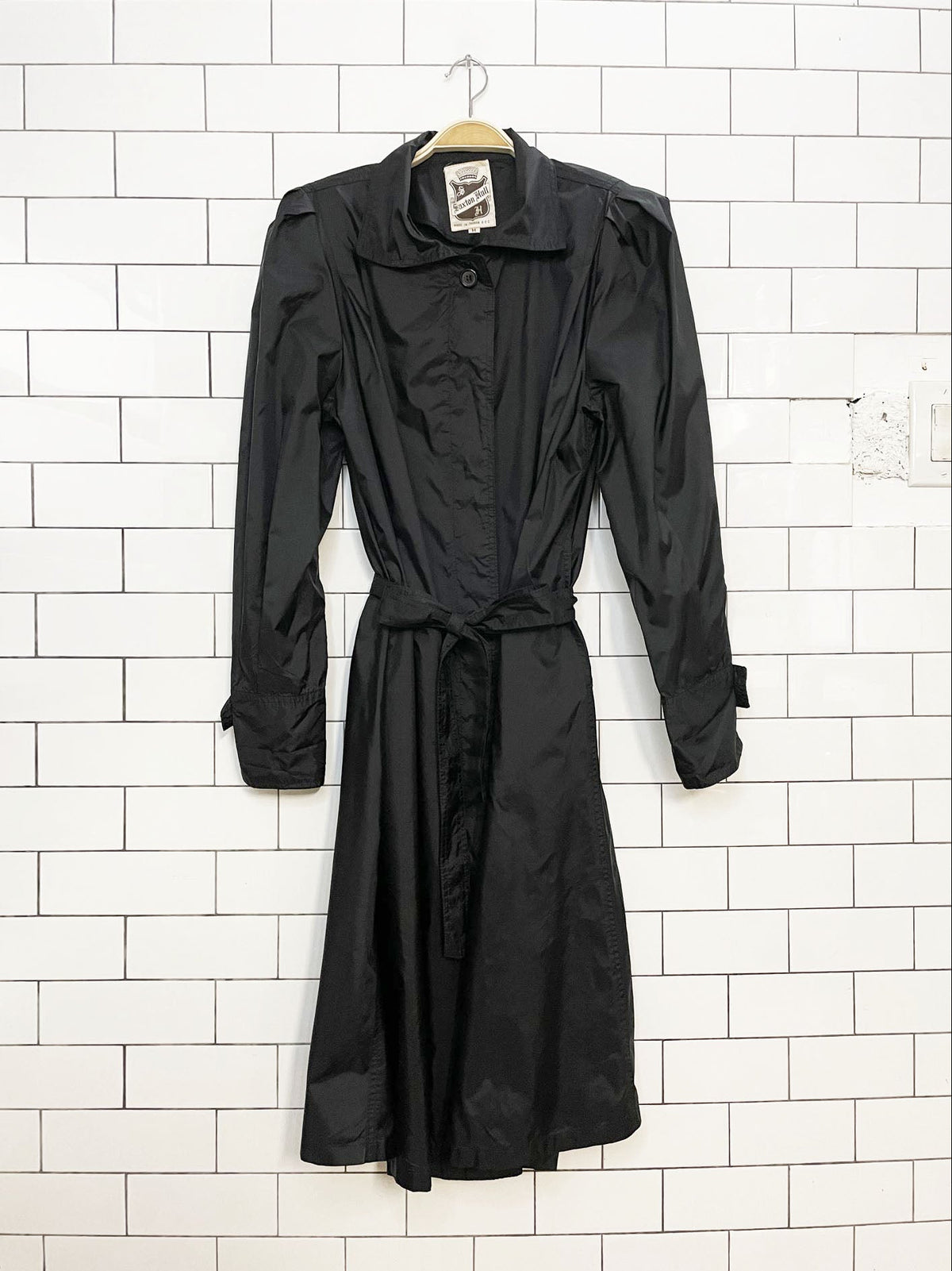 vintage 80s saxton hall puff shoulder belted nylon rain jacket