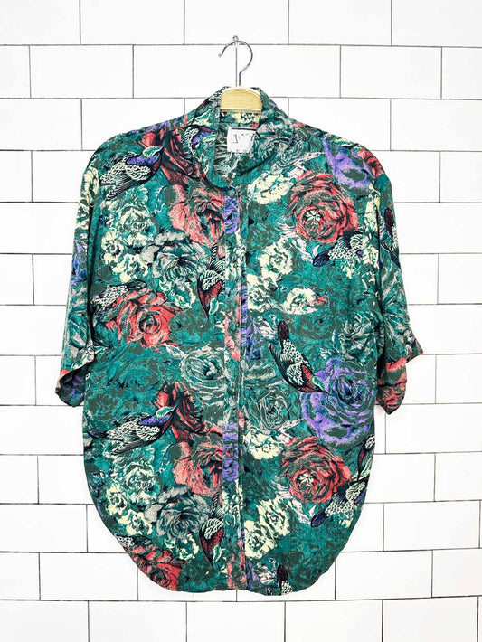 vintage 90s jean-iver flowers + birds full button shirt | legion
