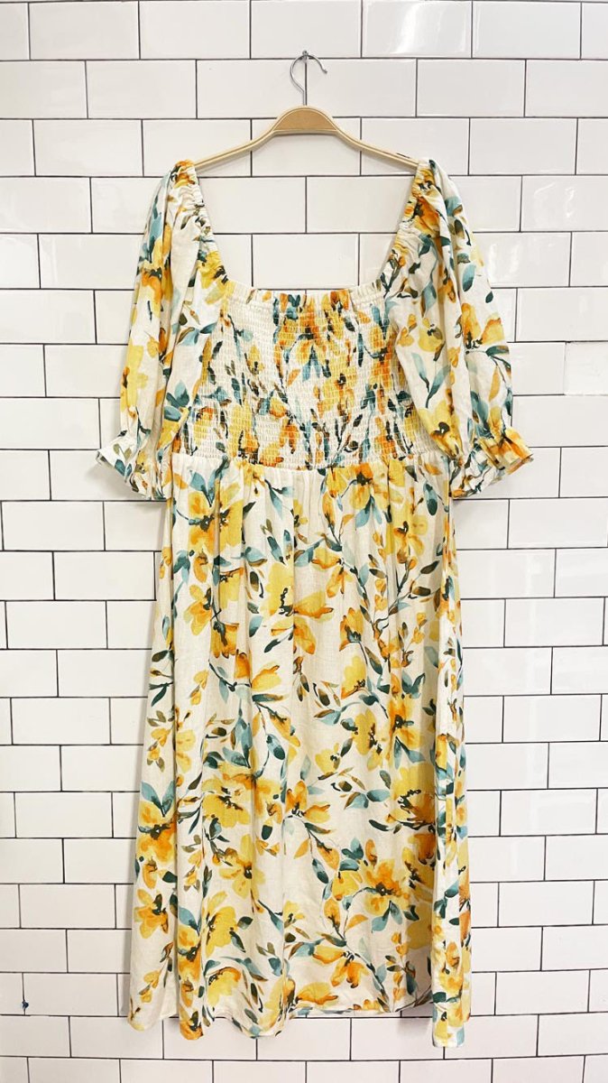 nwt gap linen - blend smocked floral midi dress - good market thrift store