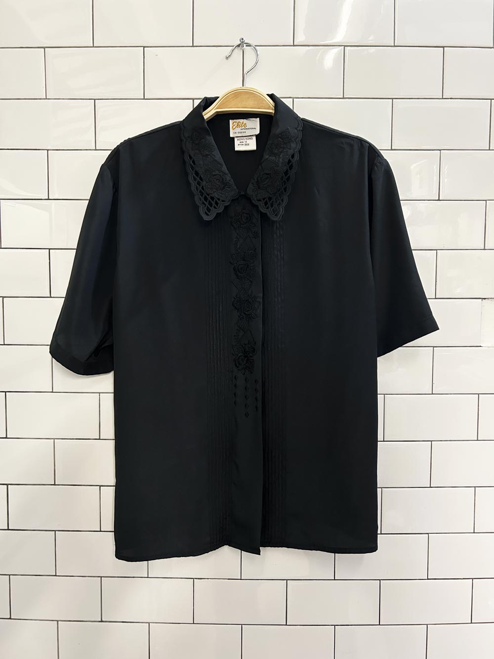 vintage elite laser cut embroidered collar satin blouse - good market thrift store