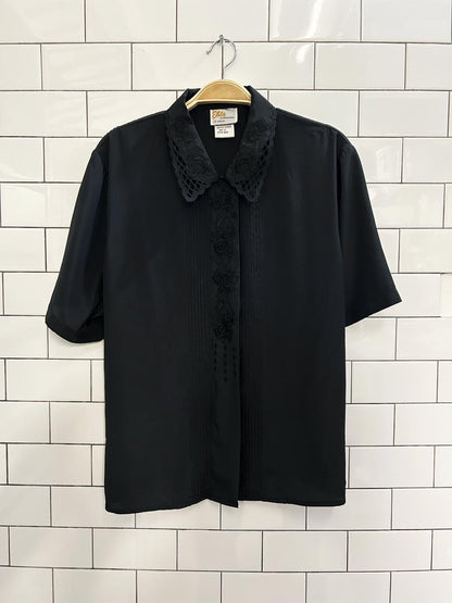vintage elite laser cut embroidered collar satin blouse - good market thrift store