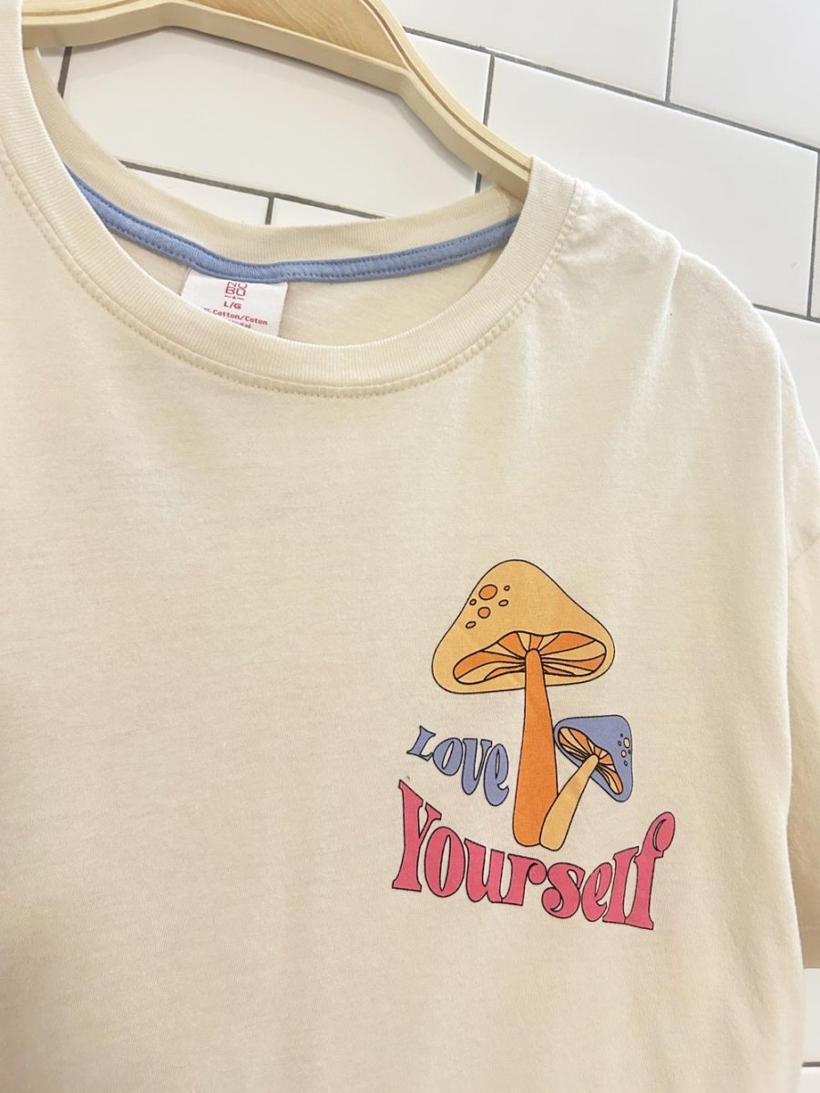 nobo modal blend boxy love yourself mushroom graphic tee - good market thrift store