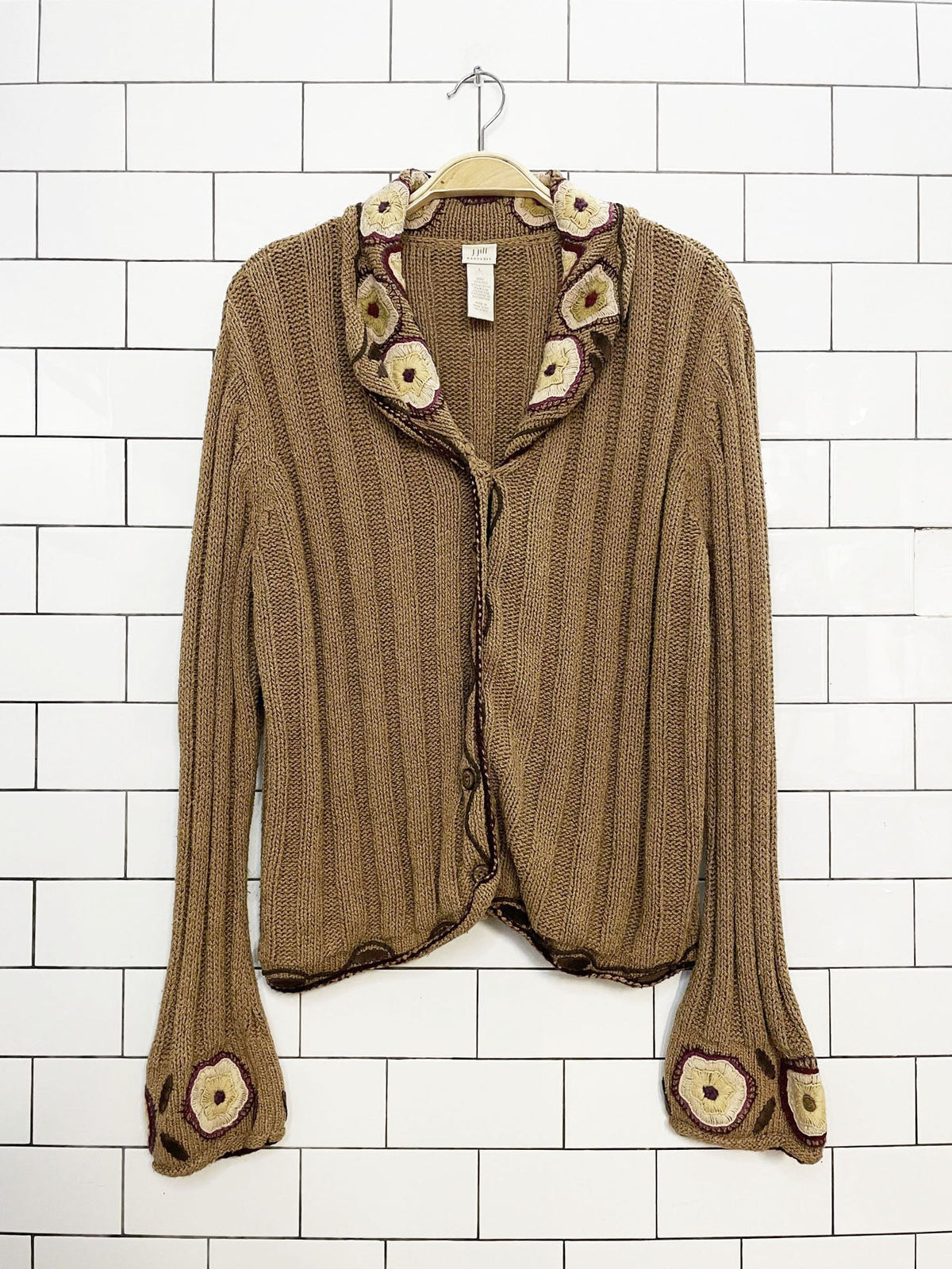 vintage j jill silk-blend hand knit floral trim collared cardigan | y2k