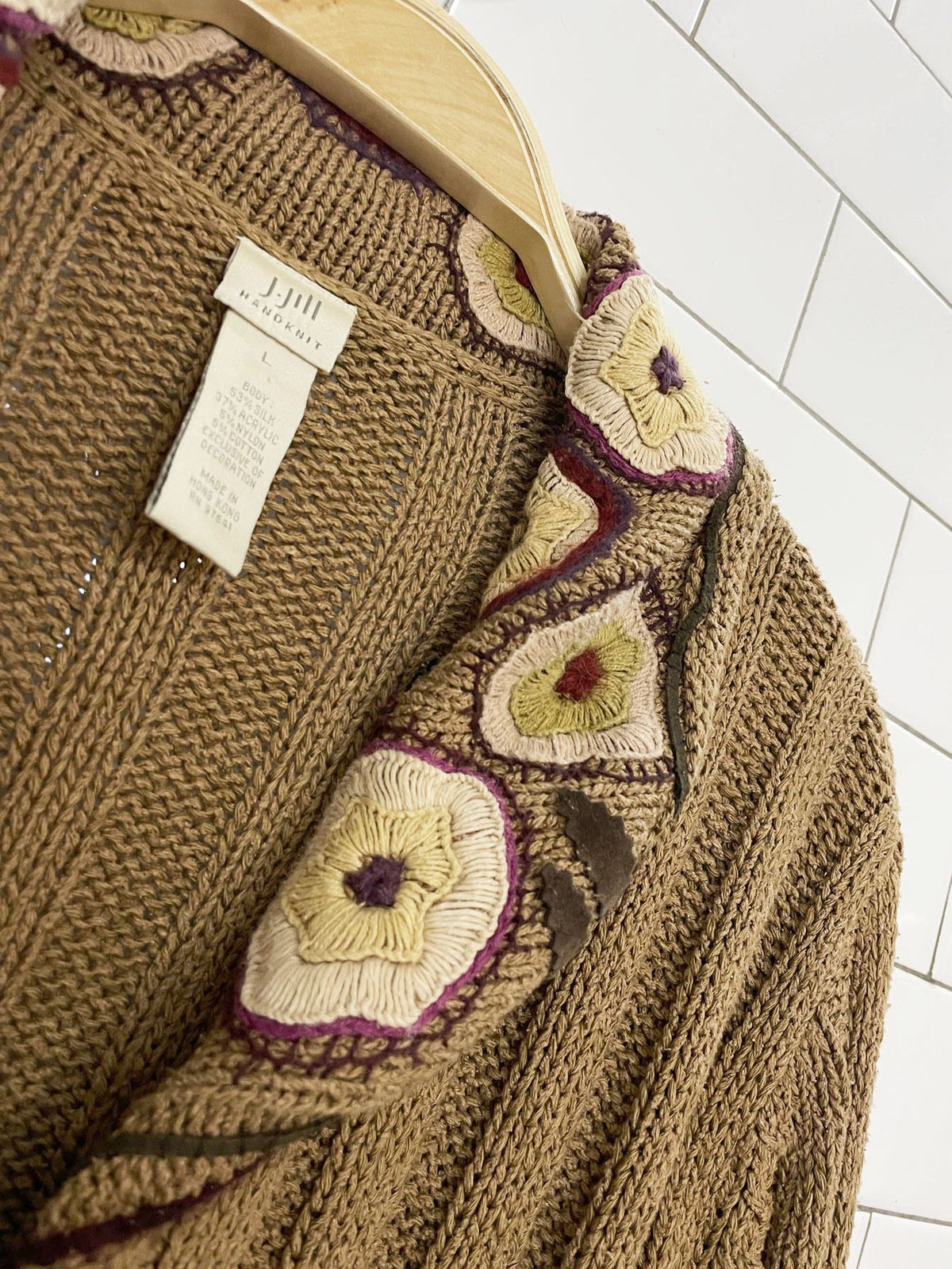 vintage j jill silk-blend hand knit floral trim collared cardigan | y2k