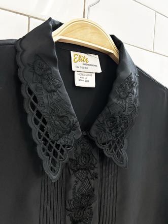 vintage elite laser cut embroidered collar satin blouse - good market thrift store