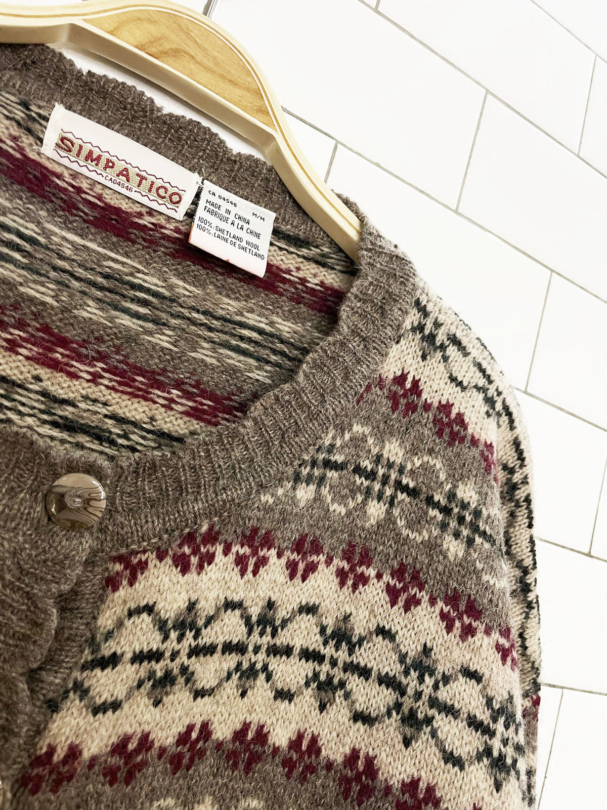 vintage 90s simpatico 100% shetland wool fair isle cardigan