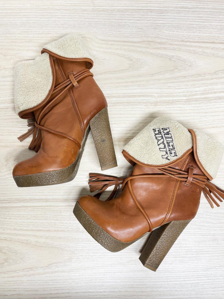 y2k miss sixty leather sherpa - lined wrap around tassel heeled boots - good market thrift store