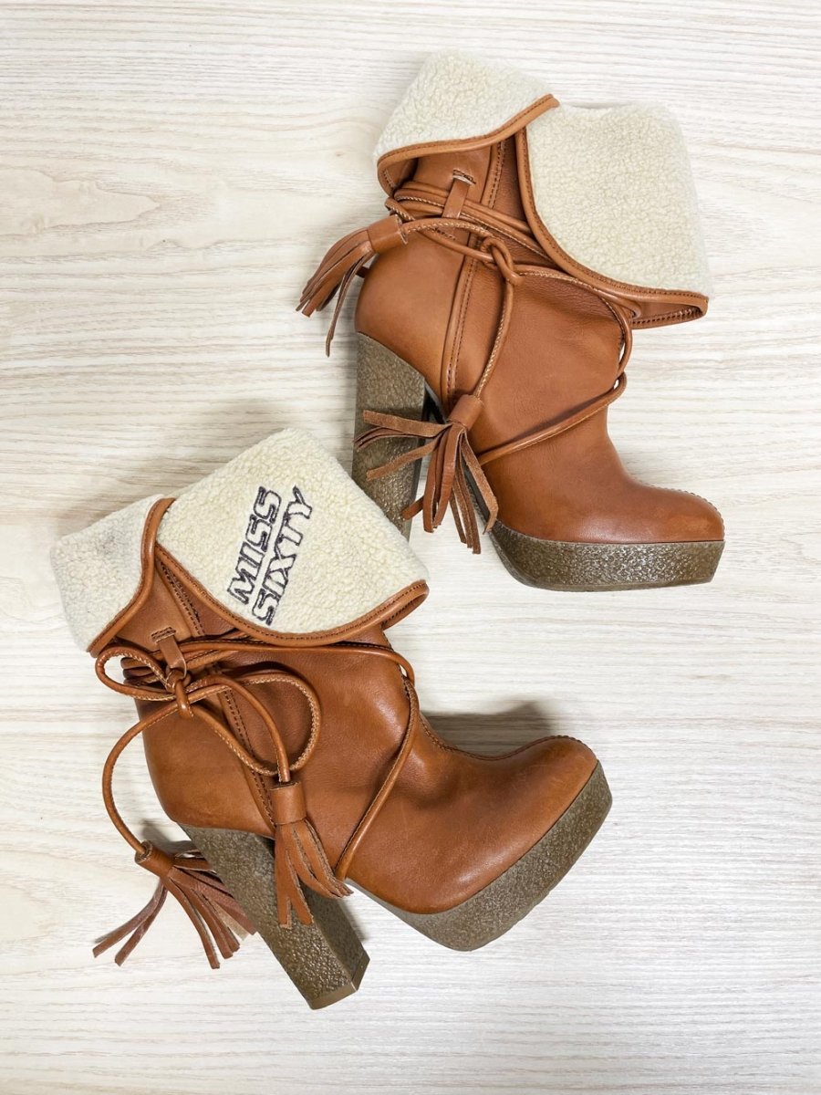 y2k miss sixty leather sherpa - lined wrap around tassel heeled boots - good market thrift store