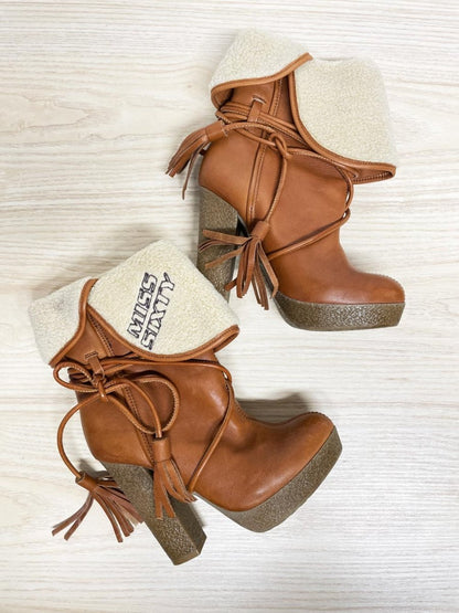 y2k miss sixty leather sherpa - lined wrap around tassel heeled boots - good market thrift store