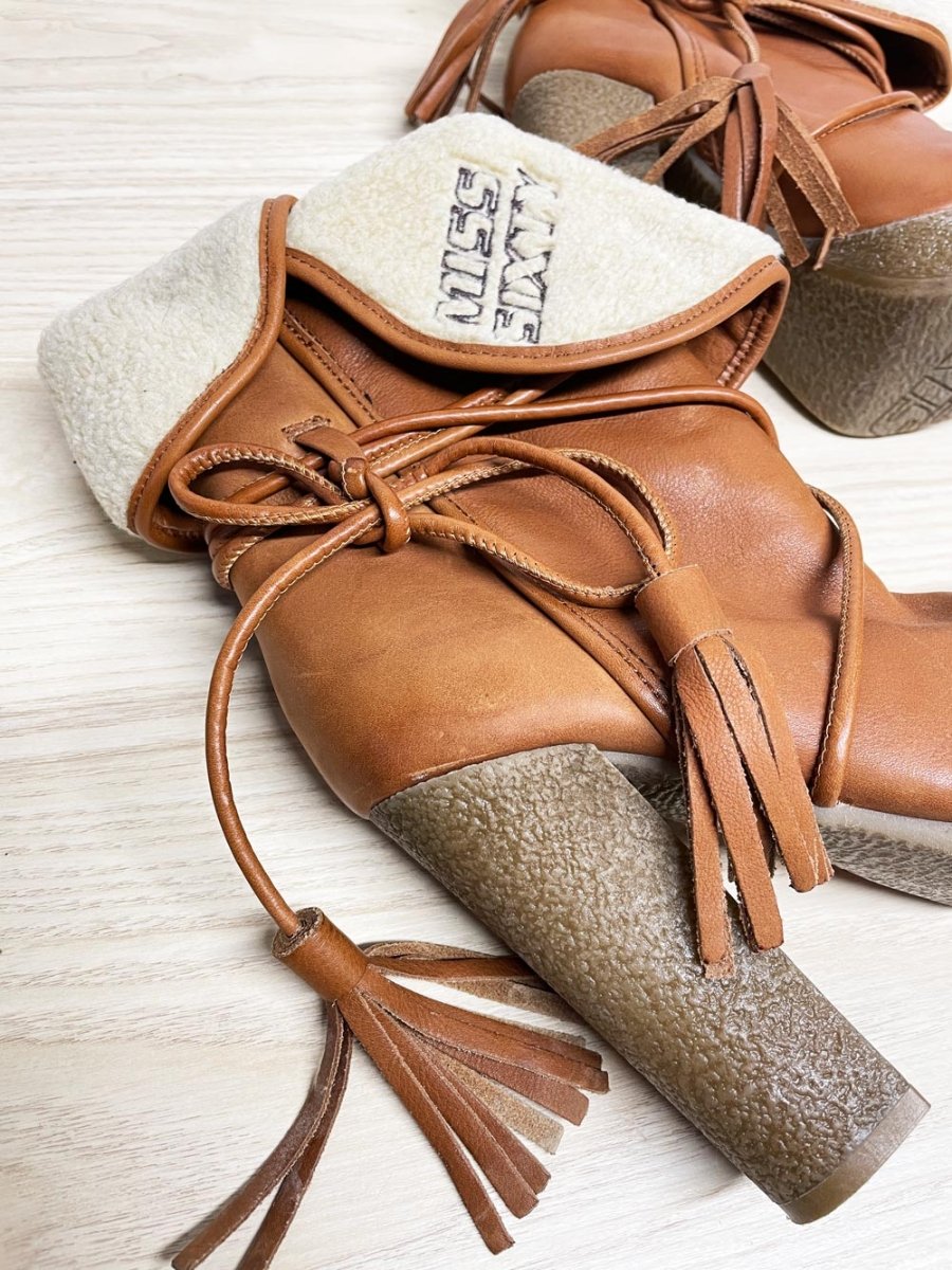 y2k miss sixty leather sherpa - lined wrap around tassel heeled boots - good market thrift store
