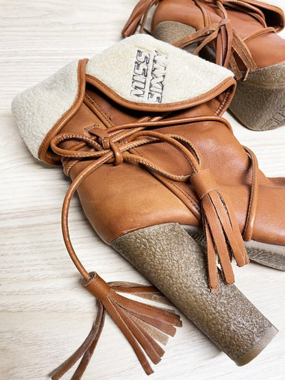 y2k miss sixty leather sherpa - lined wrap around tassel heeled boots - good market thrift store