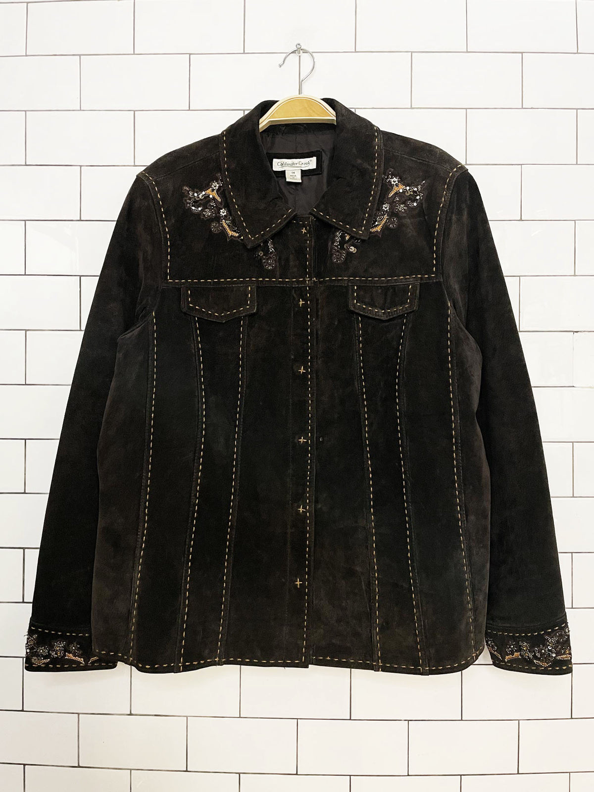 vintage 00s coldwater creek suede boho beaded contrast stitch jacket | leather
