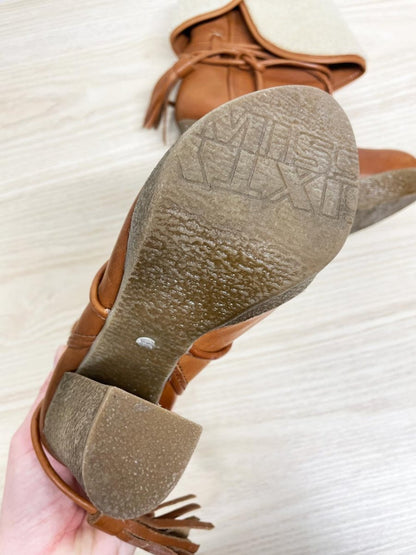 y2k miss sixty leather sherpa - lined wrap around tassel heeled boots - good market thrift store