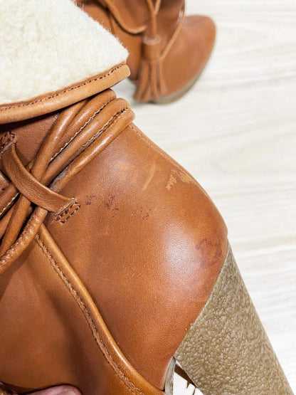 y2k miss sixty leather sherpa - lined wrap around tassel heeled boots - good market thrift store