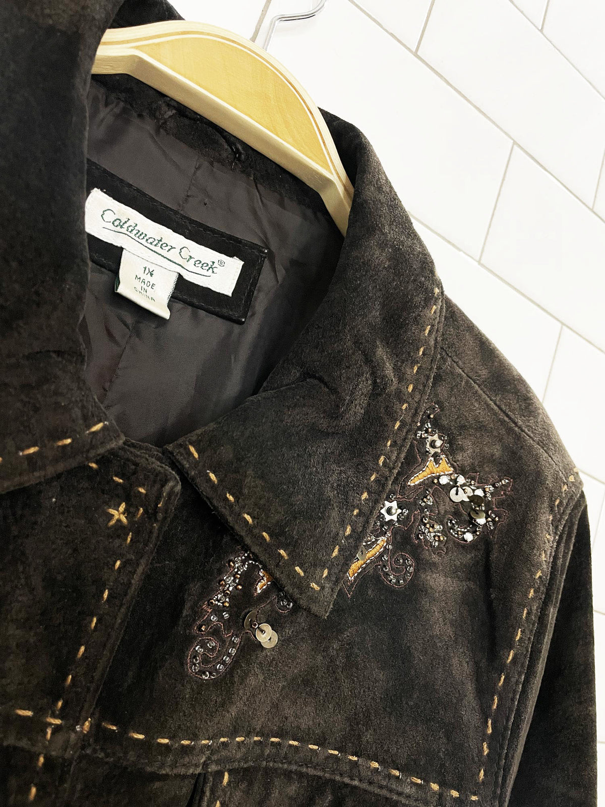 vintage 00s coldwater creek suede boho beaded contrast stitch jacket | leather