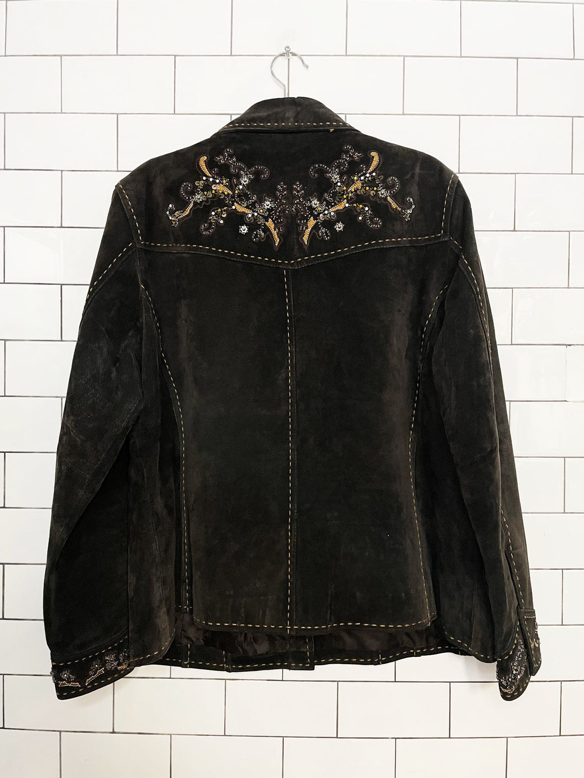 vintage 00s coldwater creek suede boho beaded contrast stitch jacket | leather