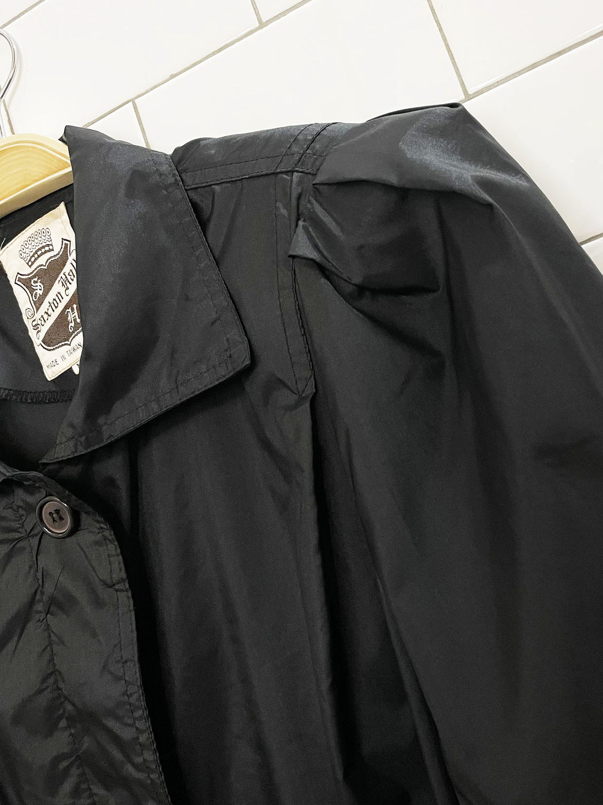 vintage 80s saxton hall puff shoulder belted nylon rain jacket