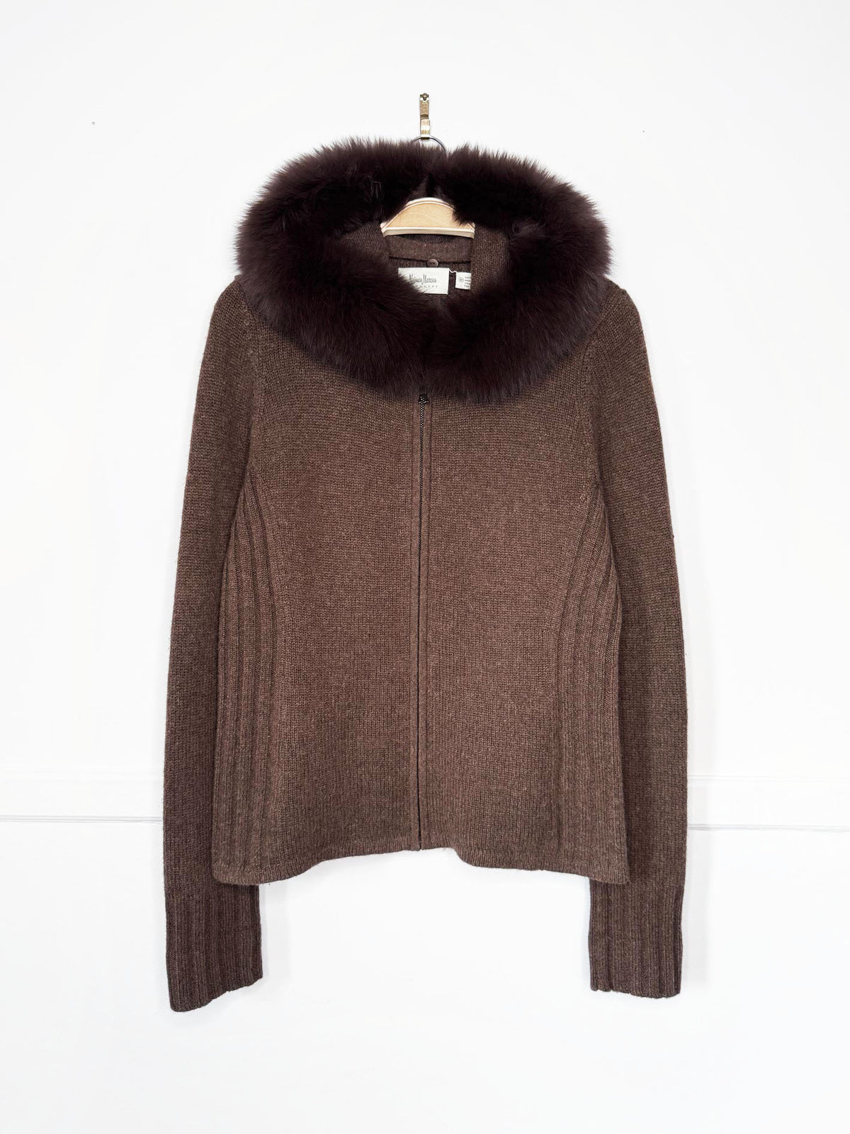 y2k neiman marcus 100% cashmere fox fur trim hooded knit full zip cardigan sweater | removable hood