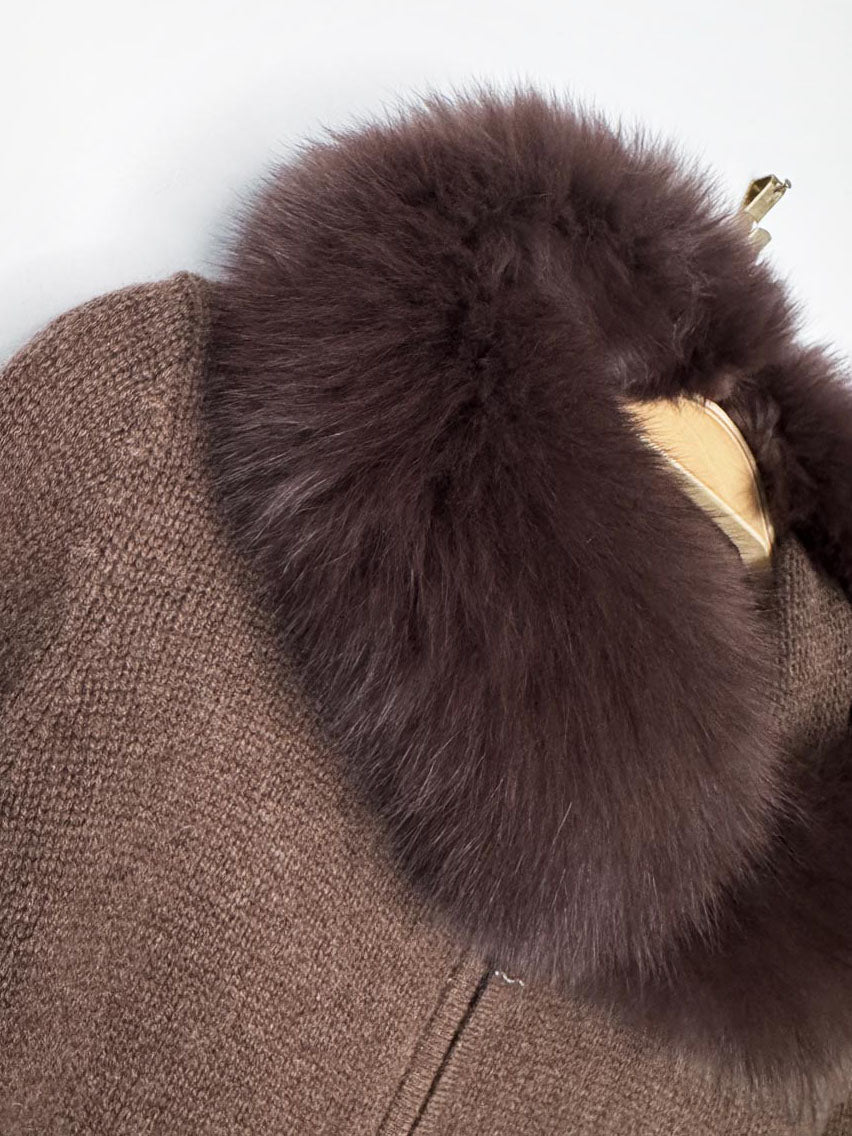 y2k neiman marcus 100% cashmere fox fur trim hooded knit full zip cardigan sweater | removable hood