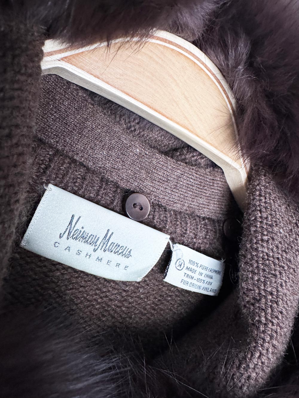 y2k neiman marcus 100% cashmere fox fur trim hooded knit full zip cardigan sweater | removable hood