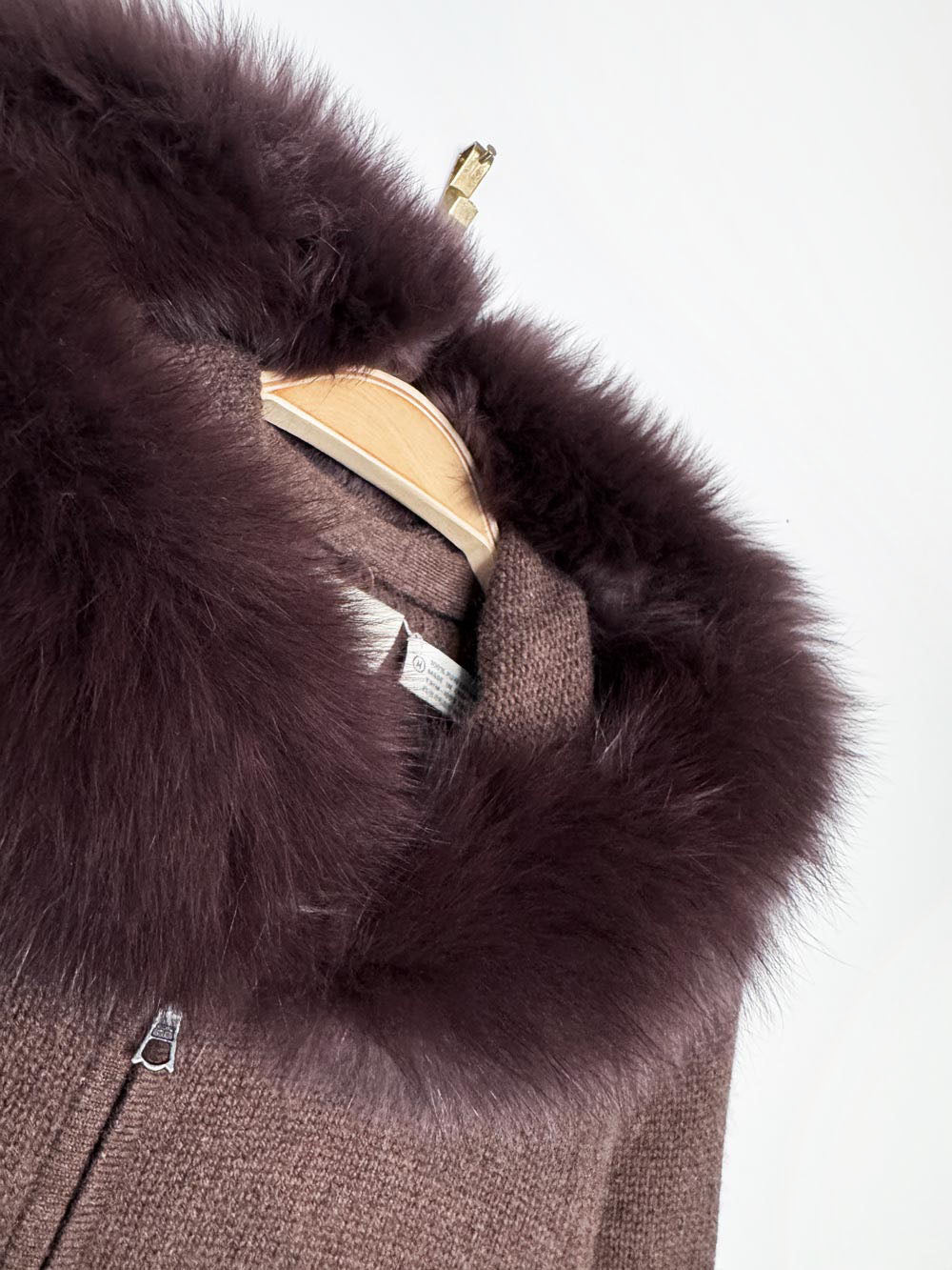 y2k neiman marcus 100% cashmere fox fur trim hooded knit full zip cardigan sweater | removable hood