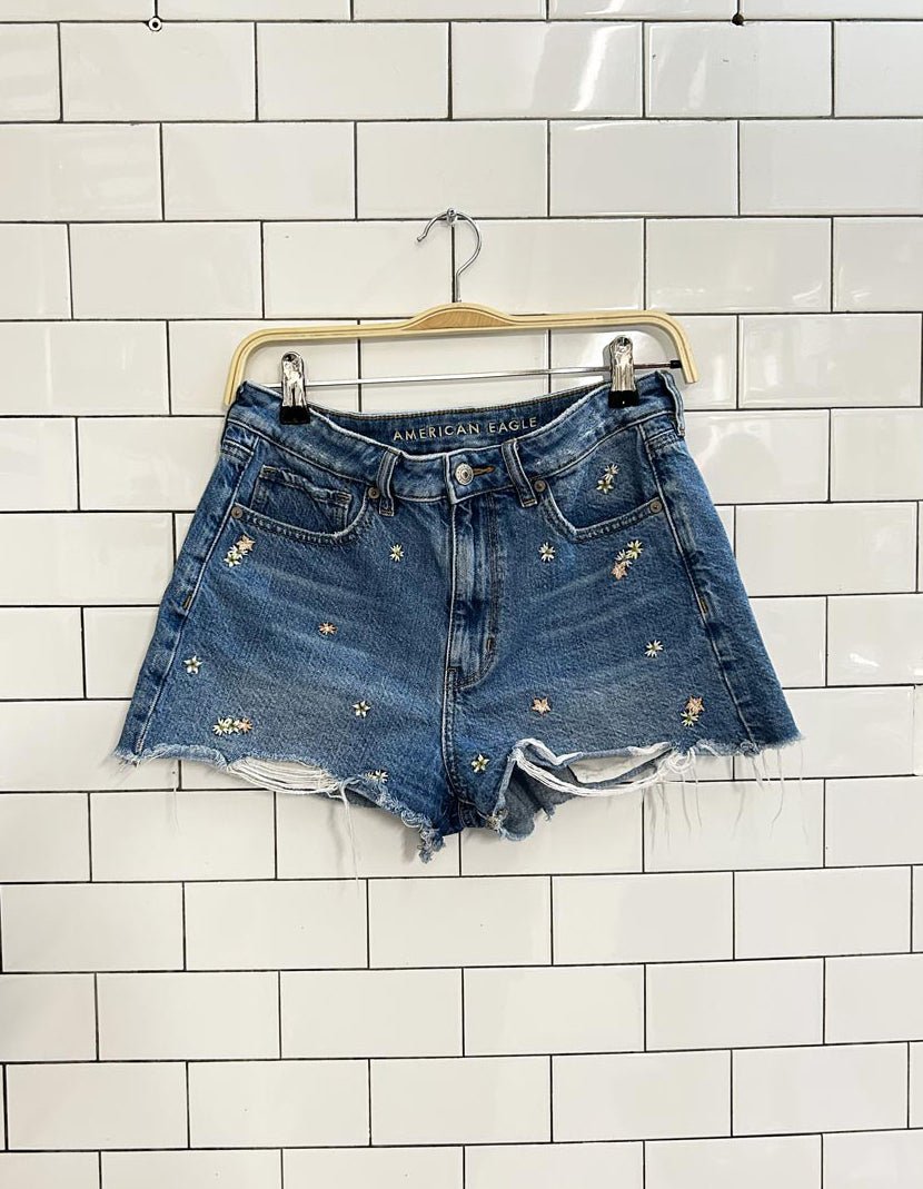 ae flower embroidered cut - off denim shorts - good market thrift store